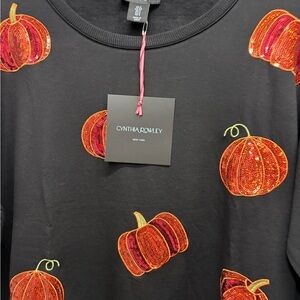 Cynthia Rowley Black Top with Red and Orange Pumpkin Design